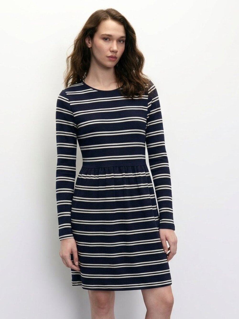 Only Navy White Striped Long Sleeve Fit-and-Flare Dress Size L